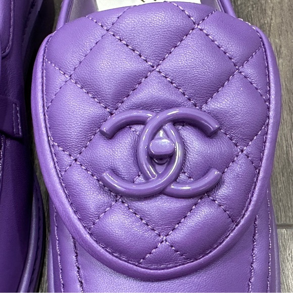 2023 CHANEL CC LOGO LOCK PURPLE LEATHER LOAFERS OXFORD SHOES 37 NEW - Picture 11 of 16
